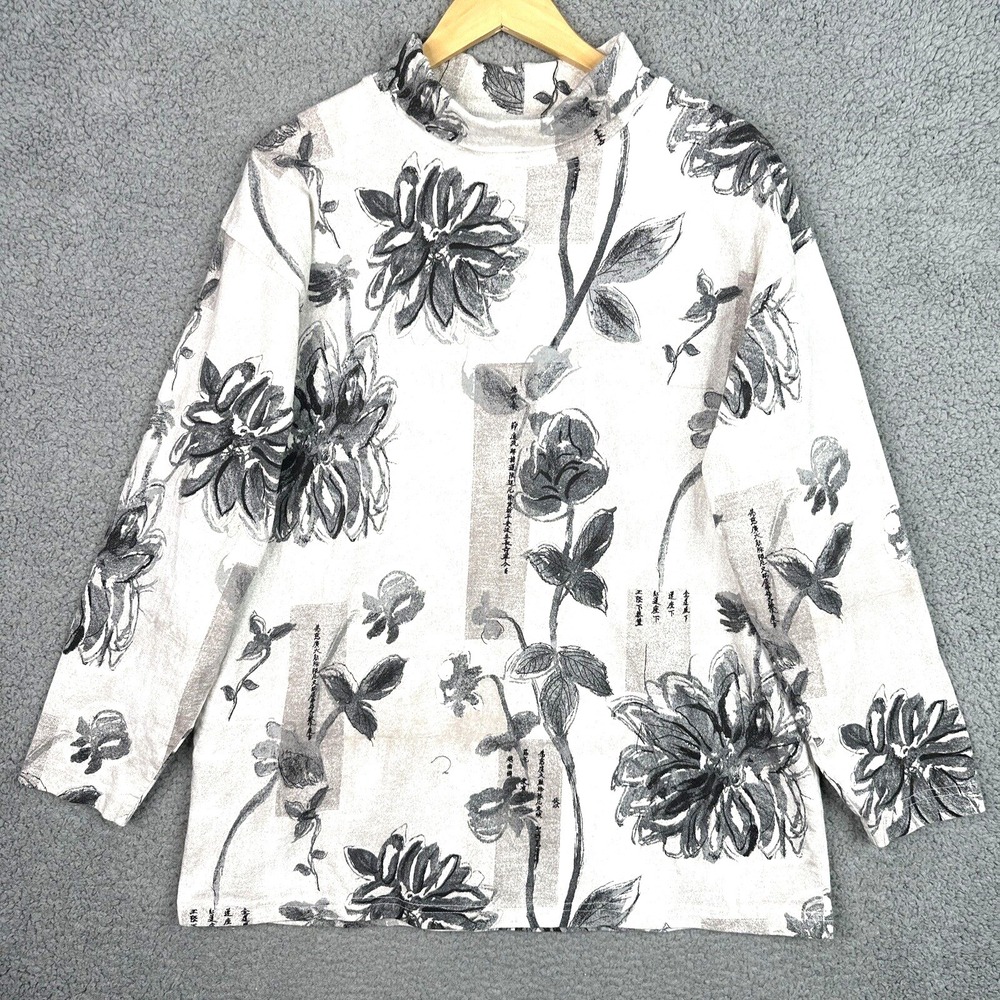 Vintage Chico's Travelers Floral Top Womens Size 3 / XL Black Beige Mock Neck